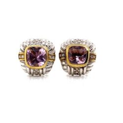 Judith Ripka Sterling Silver 18k Gold Diamond Pink Crystal Clip On Earrings