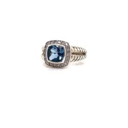 David Yurman Sterling Silver Diamond 7mm Blue Topaz Albion Cable Ring