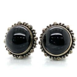 Stephen Dweck silver earrings w/ round black Star Diopside cabochon, clip backs.