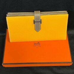 HERMES BEARN WALLET ORANGE/BROWN BI-FOLD LEATHER, 5 CREDIT CARD, CHANGE PURSE