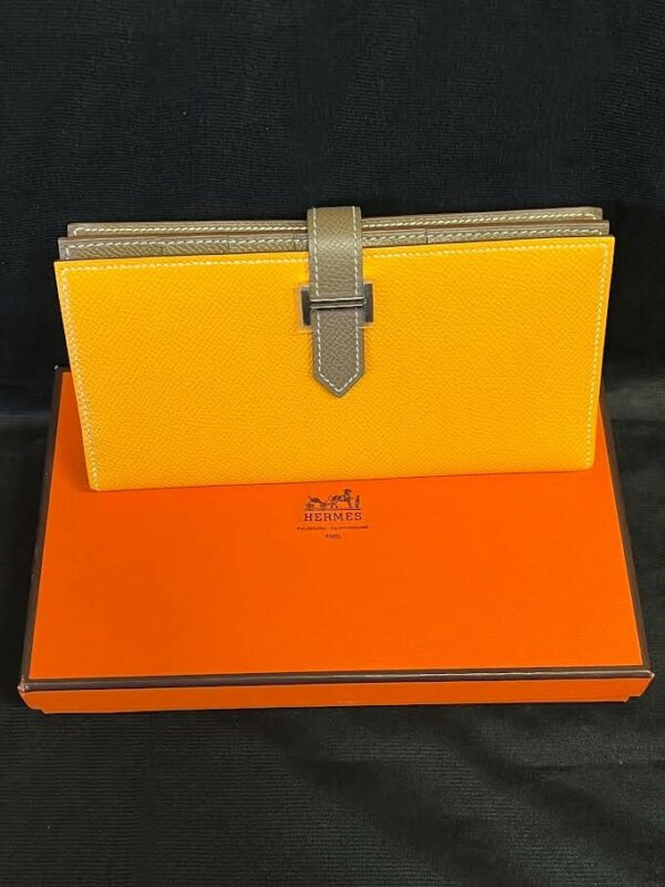 HERMES BEARN WALLET ORANGE/BROWN BI-FOLD LEATHER, 5 CREDIT CARD, CHANGE PURSE
