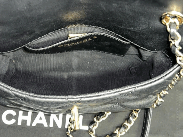 CHANEL CHAIN FRAME FLAP BAG QUILTED BLACK LAMBSKIN CHAIN LINK SHOULDER STRAP - Image 7