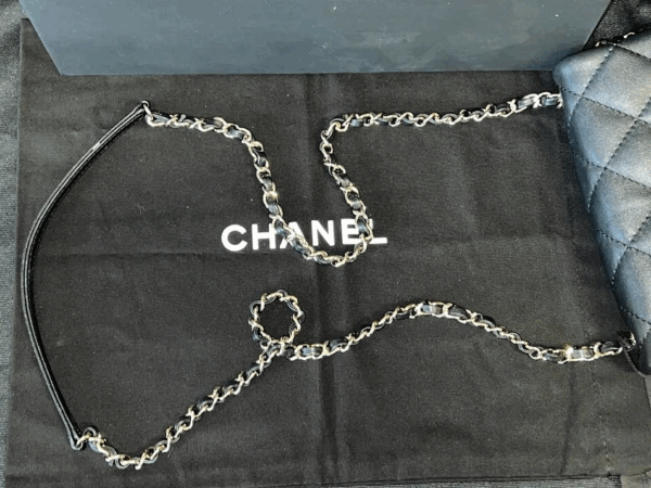 CHANEL CHAIN FRAME FLAP BAG QUILTED BLACK LAMBSKIN CHAIN LINK SHOULDER STRAP - Image 12