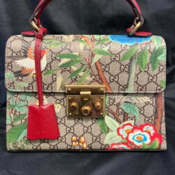 GUCCI TOP HANDLE TIAN PRINT GG COATED CANVAS PADLOCK BAG W DETACHABLE STRAP