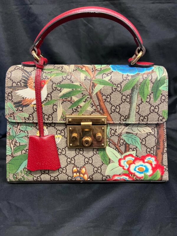 GUCCI TOP HANDLE TIAN PRINT GG COATED CANVAS PADLOCK BAG W DETACHABLE STRAP