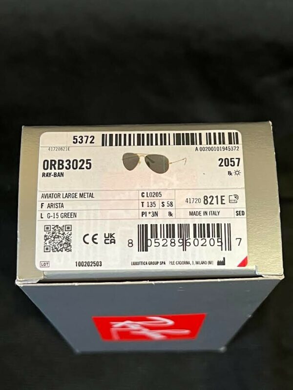 RAY-BAN SUNGLASSES AVIATOR LARGE METAL RB3025 L0205 ARISTA G-15 GREEN 135mm - Image 9
