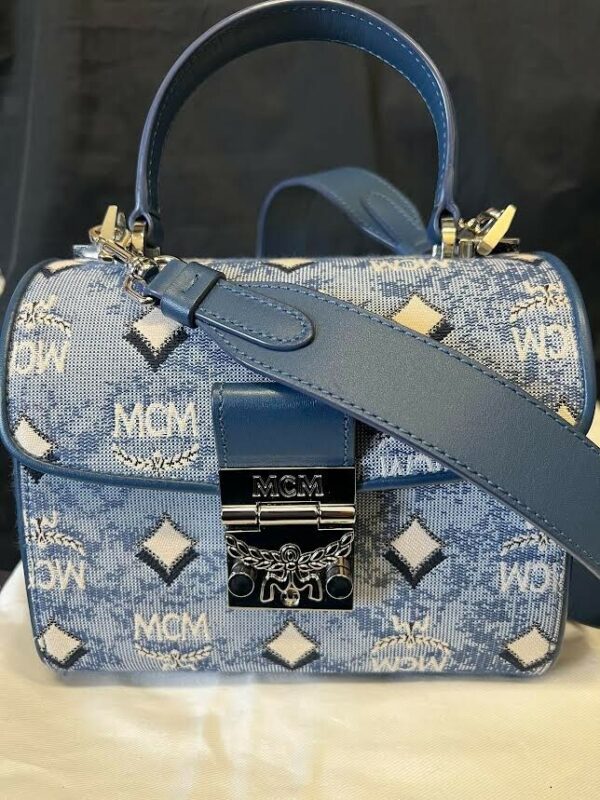 MCM SMALL MONOGRAM JAQUARD TRACY CROSSBODY BAG BLUE W REMOVABLE ADJUSTABLE STRAP - Image 4
