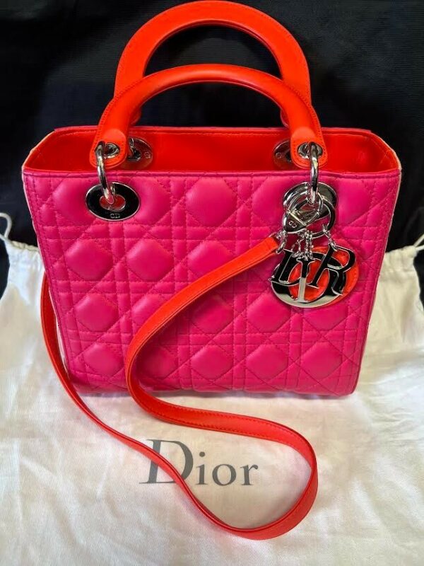 CHRISTIAN DIOR TRI COLOR LADY DIOR MEDIUM TOP HANDLE BAG W REMOVABLE STRAP - Image 3