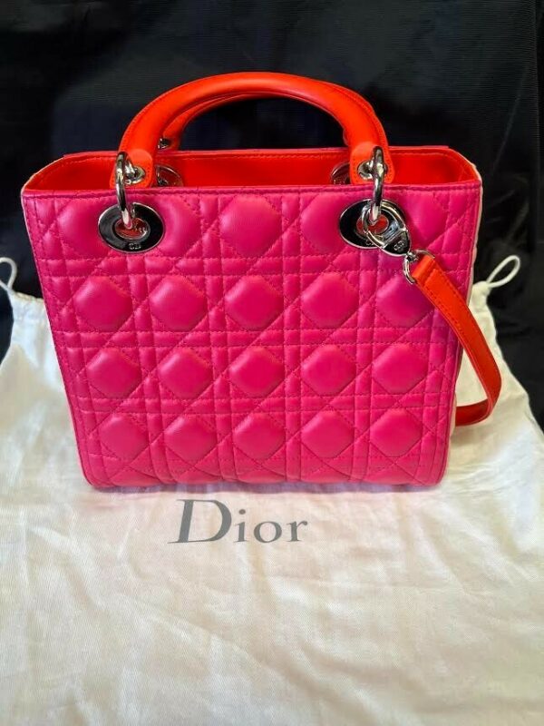 CHRISTIAN DIOR TRI COLOR LADY DIOR MEDIUM TOP HANDLE BAG W REMOVABLE STRAP - Image 4