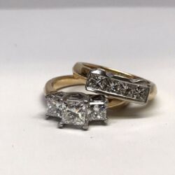 2.20tcw Three Stone Diamond Engagement Ring and Wedding Band 17k Gold & Platinum