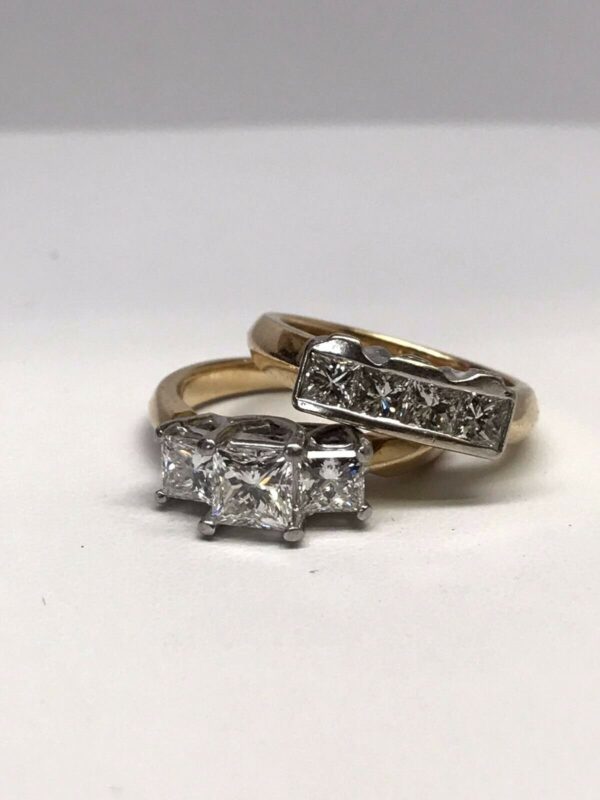 2.20tcw Three Stone Diamond Engagement Ring and Wedding Band 17k Gold & Platinum