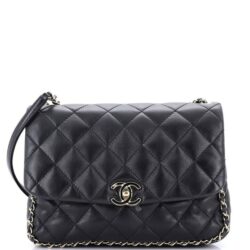CHANEL CHAIN FRAME FLAP BAG QUILTED BLACK LAMBSKIN CHAIN LINK SHOULDER STRAP