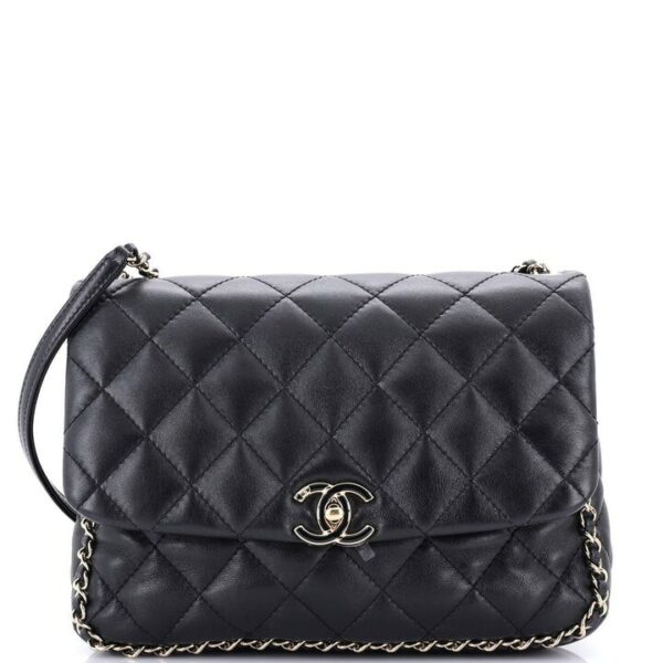 CHANEL CHAIN FRAME FLAP BAG QUILTED BLACK LAMBSKIN CHAIN LINK SHOULDER STRAP