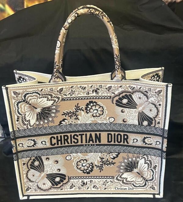CHRISTIAN DIOR LARGE BOOK TOTE BEIGE MULTICOLOR BUTTERFLY BANDANA EMBROIDERY