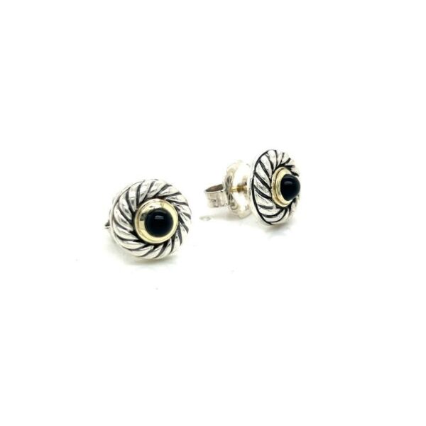 DAVID YUMAN 10mm COOKIE ONYX GOLD & SILVER STUD EARRINGS - Image 2