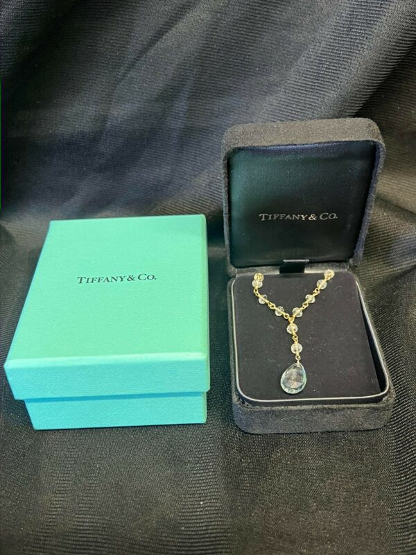 TIFFANY & CO 18K YELLOW GOLD BEADED TEARDROP PENDANT AQUAMARINE 16" NECKLACE - Image 7