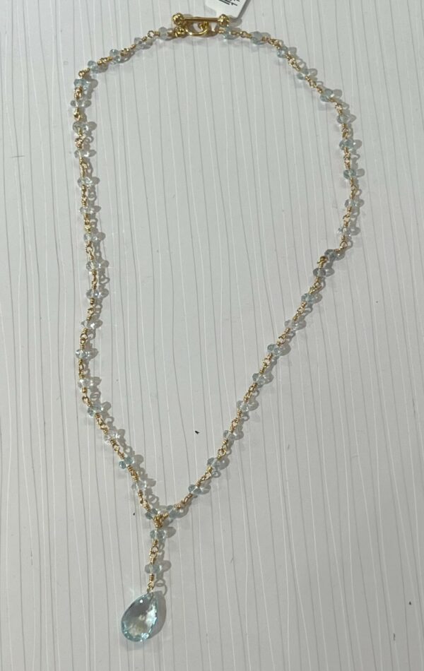 TIFFANY & CO 18K YELLOW GOLD BEADED TEARDROP PENDANT AQUAMARINE 16" NECKLACE - Image 8