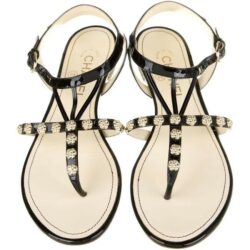 CHANEL SANDALS INTERLOCKING CC LOGO PATENT LEATHER GLADIATOR 94305 BLACK