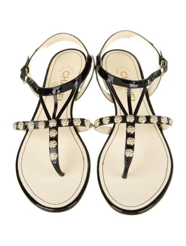 CHANEL SANDALS INTERLOCKING CC LOGO PATENT LEATHER GLADIATOR 94305 BLACK