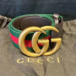 GUCCI BROWN LEATHER WEB DOUBLE G BUCKLE BELT 80cm (FITS 27-31 in)