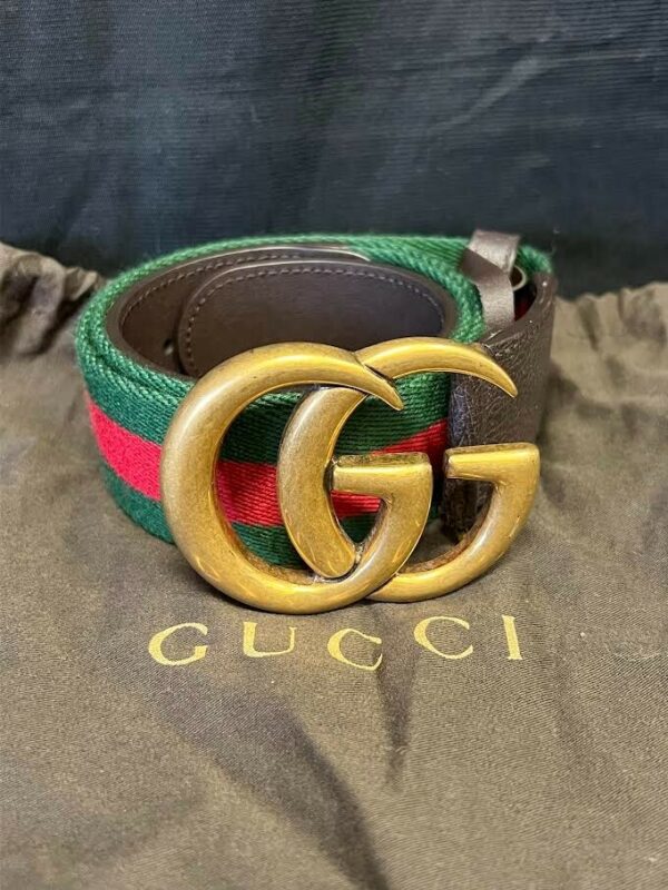 GUCCI BROWN LEATHER WEB DOUBLE G BUCKLE BELT 80cm (FITS 27-31 in)
