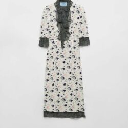 PRADA IVORY PRINTED GEORGETTE DRESS SIZE 40 (US 4) V NECK FLORAL/POLKA DOT