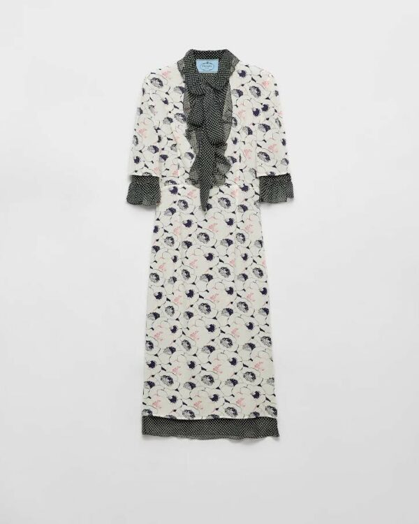 PRADA IVORY PRINTED GEORGETTE DRESS SIZE 40 (US 4) V NECK FLORAL/POLKA DOT