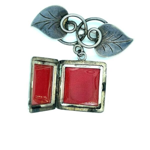 GEORG JENSEN STERLING SILVER HAND WROUGHT LEAF DANGLE LOCKET BROOCH PIN #113 - Image 2