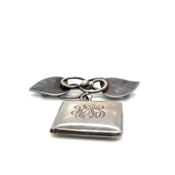 GEORG JENSEN STERLING SILVER HAND WROUGHT LEAF DANGLE LOCKET BROOCH PIN #113 - Image 6