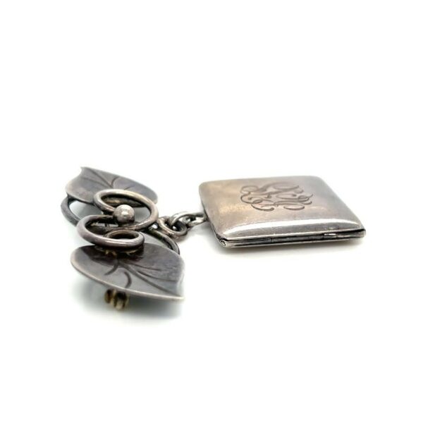 GEORG JENSEN STERLING SILVER HAND WROUGHT LEAF DANGLE LOCKET BROOCH PIN #113 - Image 8