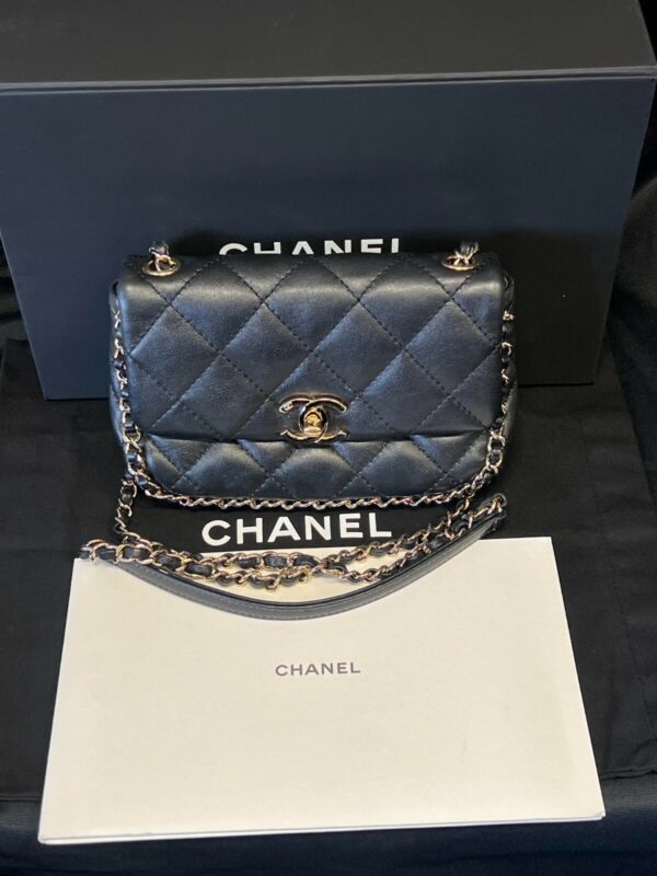 CHANEL CHAIN FRAME FLAP BAG QUILTED BLACK LAMBSKIN CHAIN LINK SHOULDER STRAP - Image 2