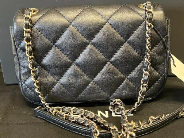 CHANEL CHAIN FRAME FLAP BAG QUILTED BLACK LAMBSKIN CHAIN LINK SHOULDER STRAP - Image 3