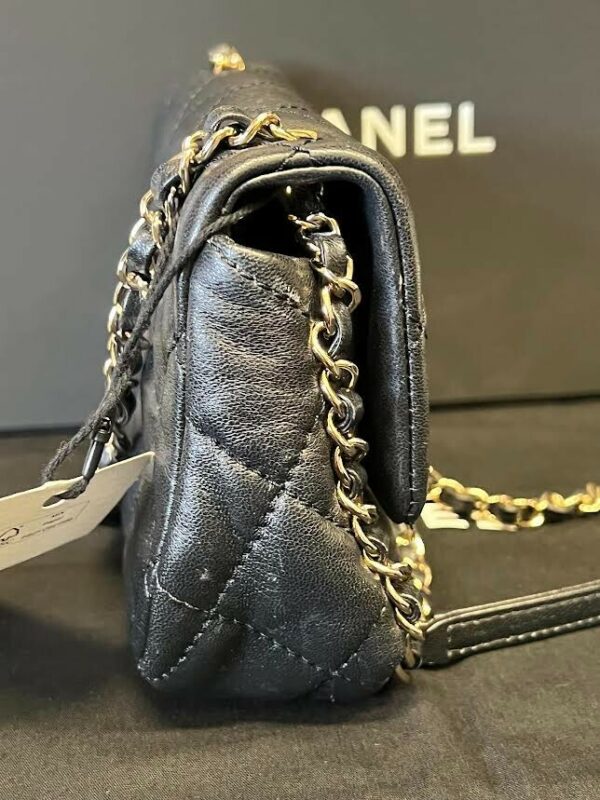CHANEL CHAIN FRAME FLAP BAG QUILTED BLACK LAMBSKIN CHAIN LINK SHOULDER STRAP - Image 5