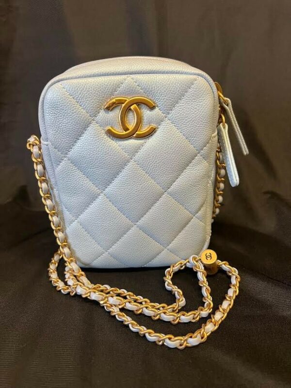 CHANEL MY PERFECT CAMERA BAG MINI BLUE IRIDESCENT W GOLD ADJUSTABLE CHAIN STRAP