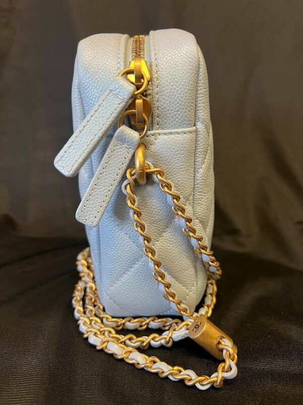 CHANEL MY PERFECT CAMERA BAG MINI BLUE IRIDESCENT W GOLD ADJUSTABLE CHAIN STRAP - Image 3