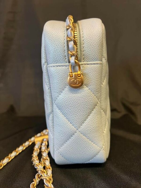 CHANEL MY PERFECT CAMERA BAG MINI BLUE IRIDESCENT W GOLD ADJUSTABLE CHAIN STRAP - Image 4