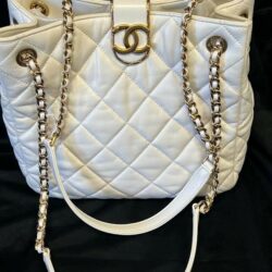 CHANEL SMALL SHOPPING TOTE QUILTED LEATHER CHAIN LINK DOUBLE SHOULER STRAP WHITE
