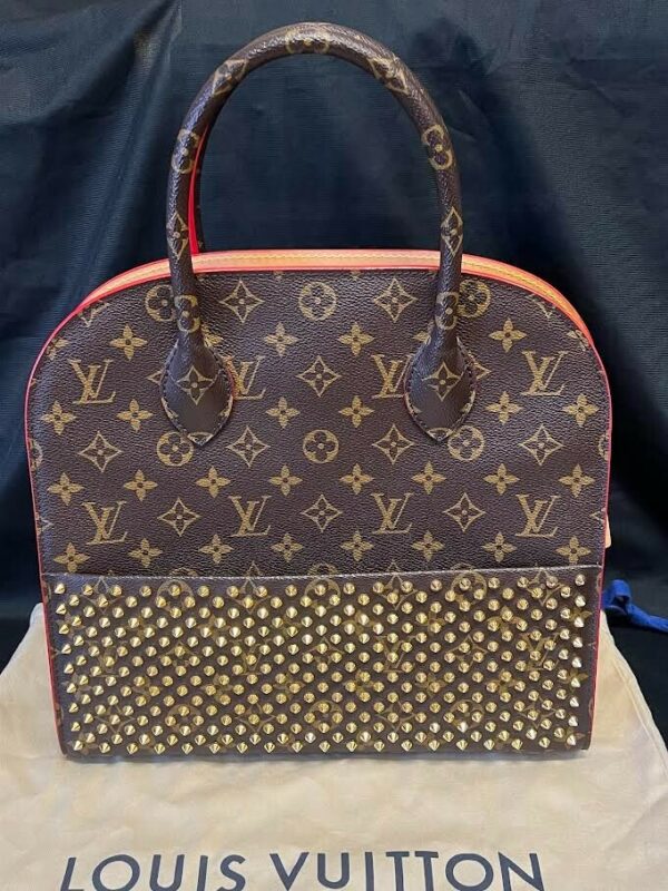 LOUIS VUITTON x CHRISTIAN LOUBOUTIN MONOGRAM STUDDED RED CALFHAIR TOP HANDLE BAG