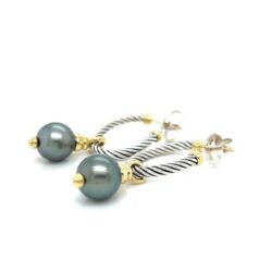 DAVID YUMAN COVERTIBLE DROP HOOP EARRINGS TAHITIAN PEARL SILVER 18K GOLD