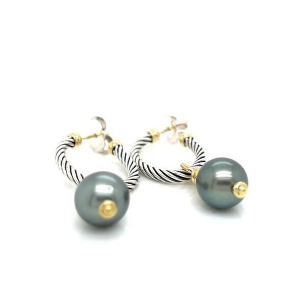 DAVID YUMAN COVERTIBLE DROP HOOP EARRINGS TAHITIAN PEARL SILVER 18K GOLD - Image 2