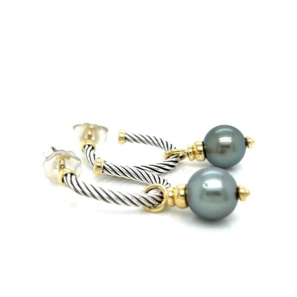 DAVID YUMAN COVERTIBLE DROP HOOP EARRINGS TAHITIAN PEARL SILVER 18K GOLD - Image 3