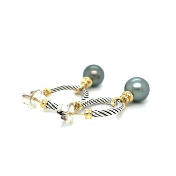DAVID YUMAN COVERTIBLE DROP HOOP EARRINGS TAHITIAN PEARL SILVER 18K GOLD - Image 4