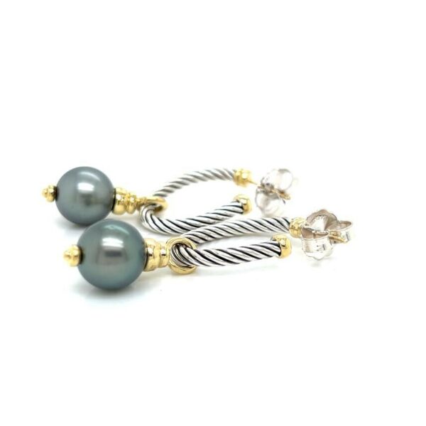 DAVID YUMAN COVERTIBLE DROP HOOP EARRINGS TAHITIAN PEARL SILVER 18K GOLD - Image 8