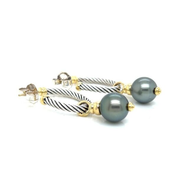 DAVID YUMAN COVERTIBLE DROP HOOP EARRINGS TAHITIAN PEARL SILVER 18K GOLD - Image 9